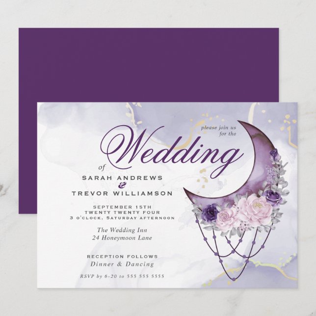 Boho Wedding Esoteric Amethyst  Crescent Moon Invitation (Front/Back)