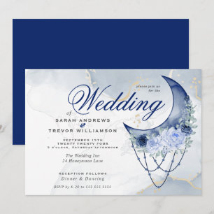 Boho Wedding Esoteric Navy Blue Crescent Moon Invitation