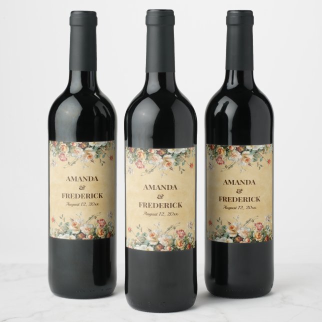 Boho wedding floral arrangement rustic wine label (Bottles)