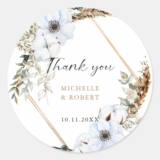 Boho Wedding Frame Floral Fall Wedding Elegant Classic Round Sticker (Front)