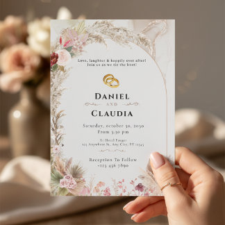 Boho Wedding Invitation | Floral Gold Rings Love