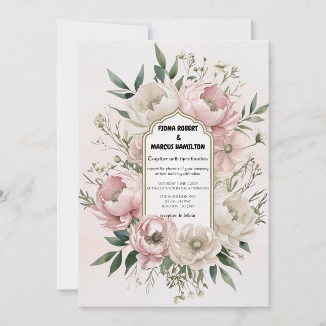Boho Wedding Invitation - Peonies with Greenery (Front)