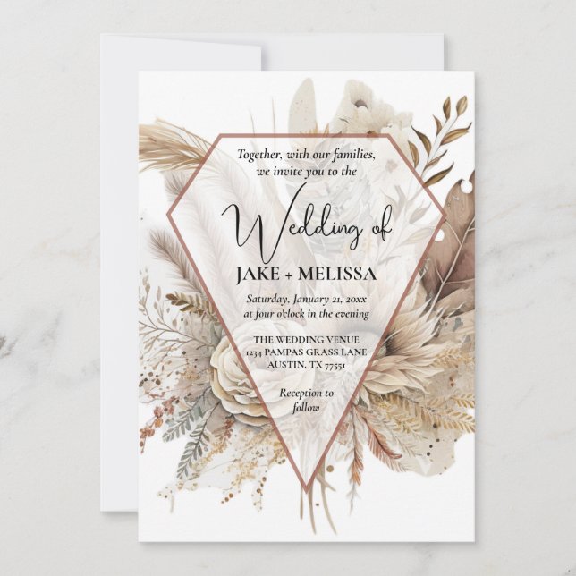 Boho Wedding Invitation Terracotta Pampas Grass (Front)