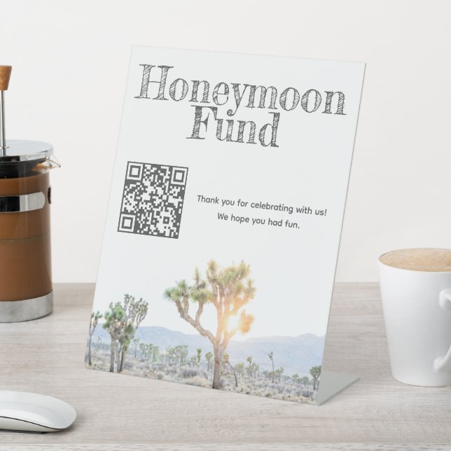 Boho Wedding Joshua Tree Honeymoon Fund QR Code Pedestal Sign (In SItu)
