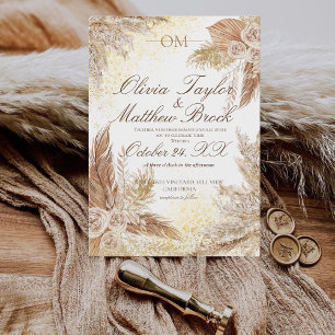 Boho Wedding Pampas Grass Flowers Neutral Invitation