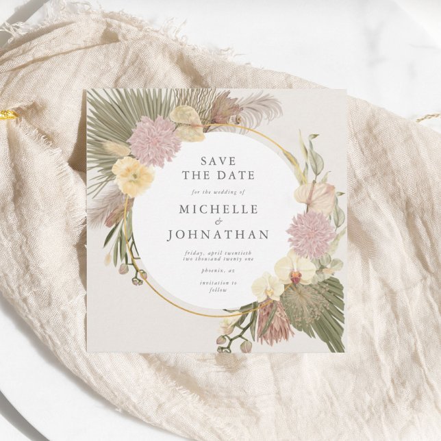 Boho Wedding Pampas Grass Palm Orchid Save The Date (Boho wedding save the date invitation)