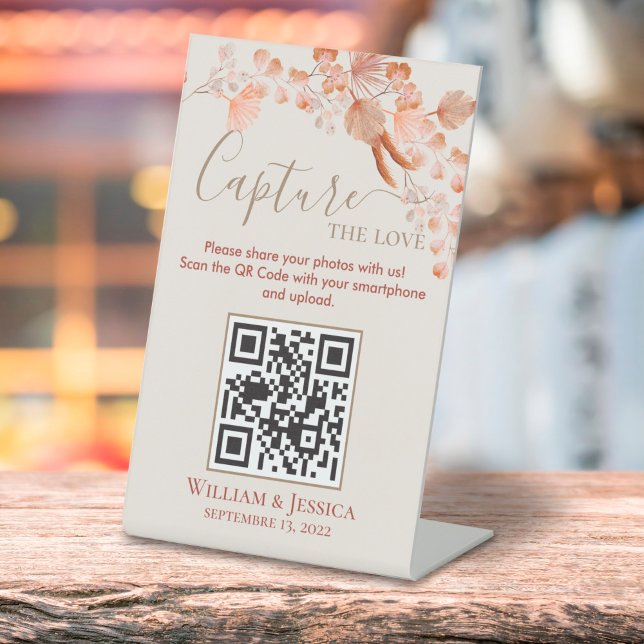 Boho Wedding Photo Sharing Pampas Grass QR Code Pedestal Sign (Creator Uploaded)
