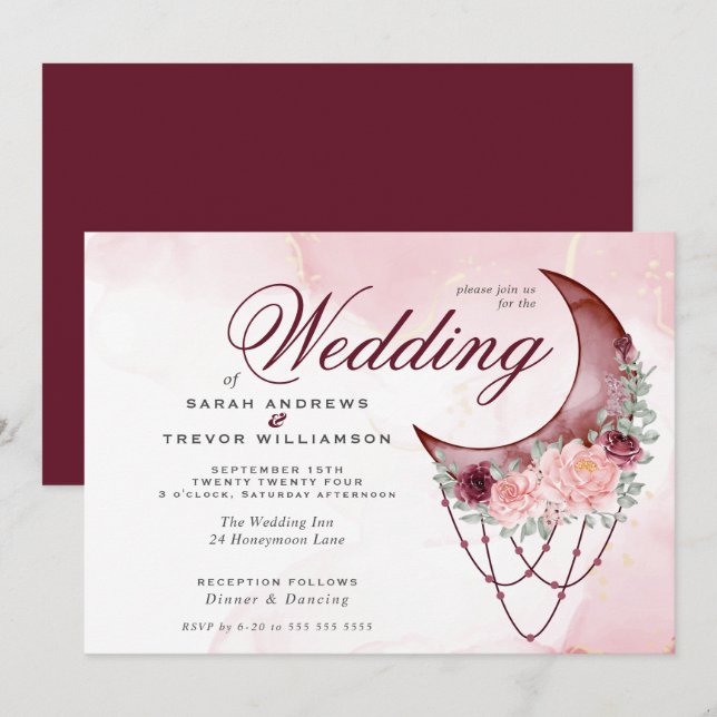 Boho Wedding Pink Crescent Moon Mandala Invitation (Front/Back)