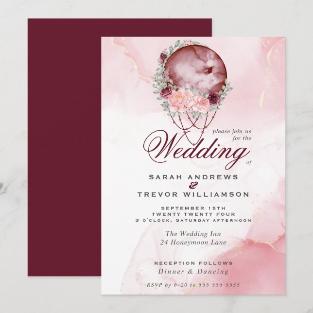 Boho Wedding Pink Maroon Moon Mandala Invitation (Front/Back)