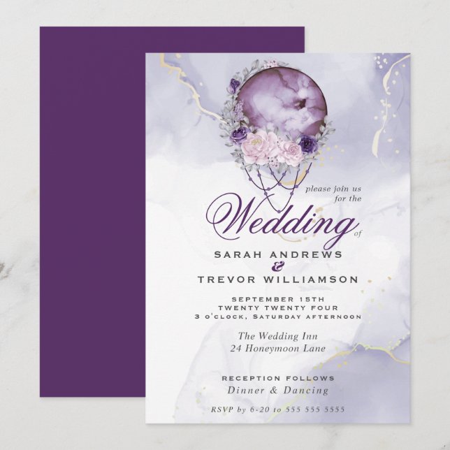 Boho Wedding Plum Purple Full Moon  Invitation (Front/Back)