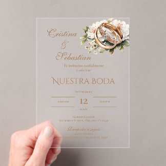 Boho wedding rings in Spanish Acrylic Invitations