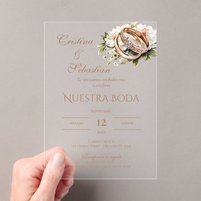 Boho wedding rings in Spanish Acrylic Invitations (Insitu (Handheld))