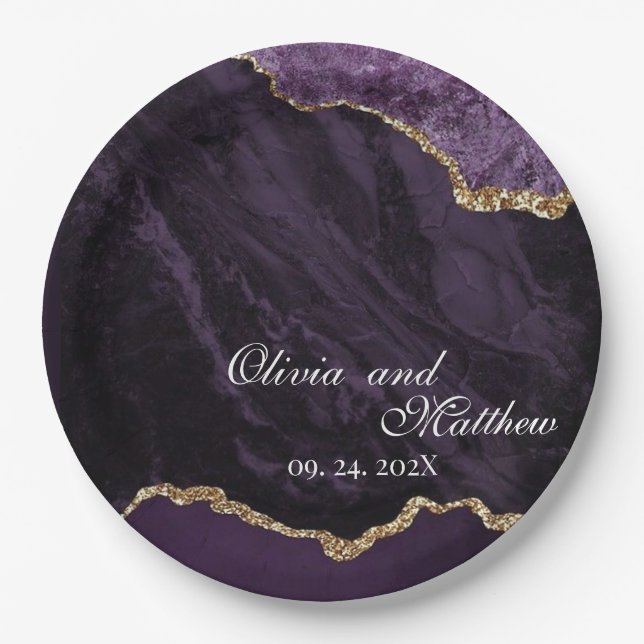 Boho Wedding Scrip Agate Purple and Gold  Paper Plate (Front)