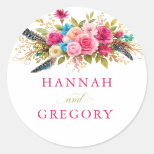 Boho Wedding Sticker Feather Floral Pink Editable