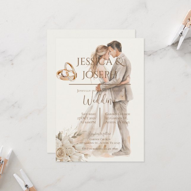 Boho wedding with ring and bride groom Silhouette Invitation (Front/Back In Situ)