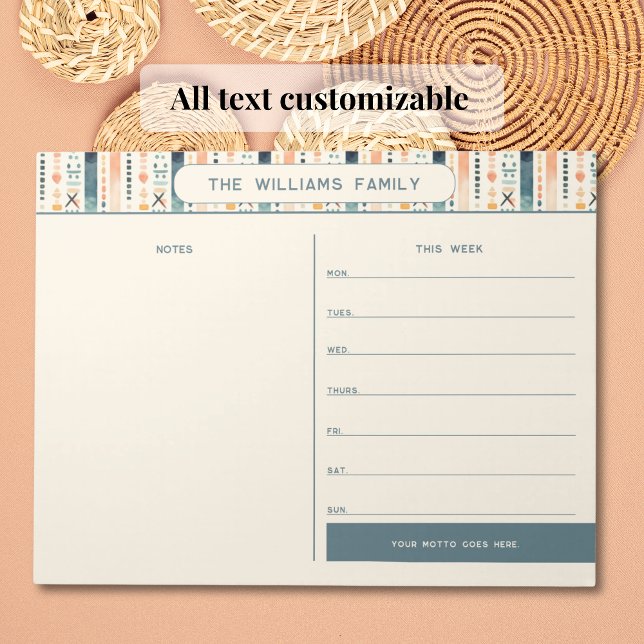Boho Weekly Family Calendar with Notes Section (All text customizable on this weekly planner tearaway notepad. Soft boho styling in warm hues.)