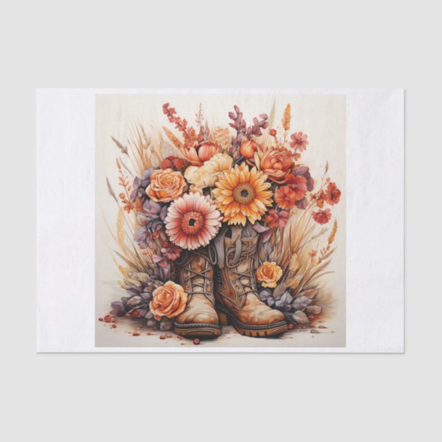Boho Western Boots Floral Bouquet for Decoupage  Tissue Paper (Front)