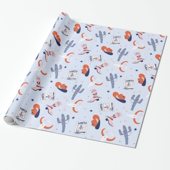 Boho Western Christmas - Blue Wrapping Paper (Unrolled)