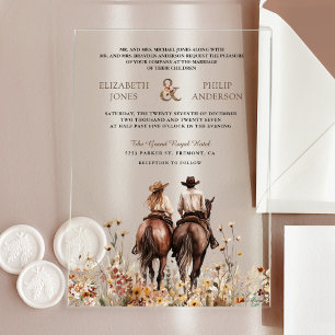 Boho Western Couple Riding Horse Wedding Acrylic Invitations