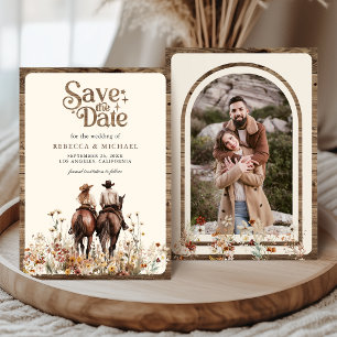 Boho Western Couple Riding Horse Wedding Photo Save The Date