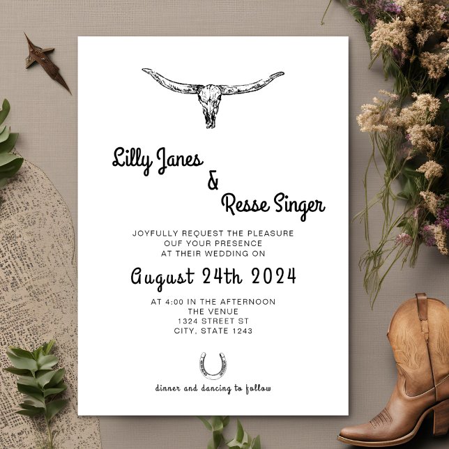 Boho Western Cow Skull Rustic Wedding Invitation (Creator Uploaded)