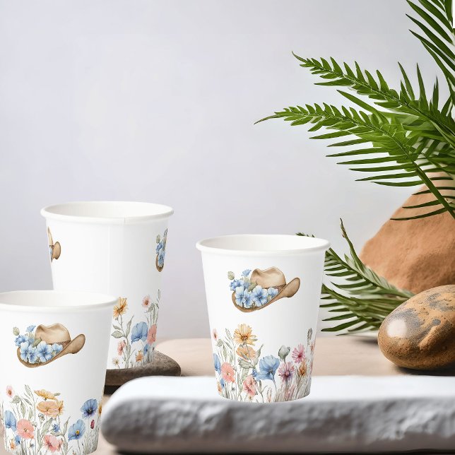 Boho Western Cowboy Hat and Wildflowers Paper Cups (Paper Cups from the Boho Elephant Baby Shower Collection by Darling & May)