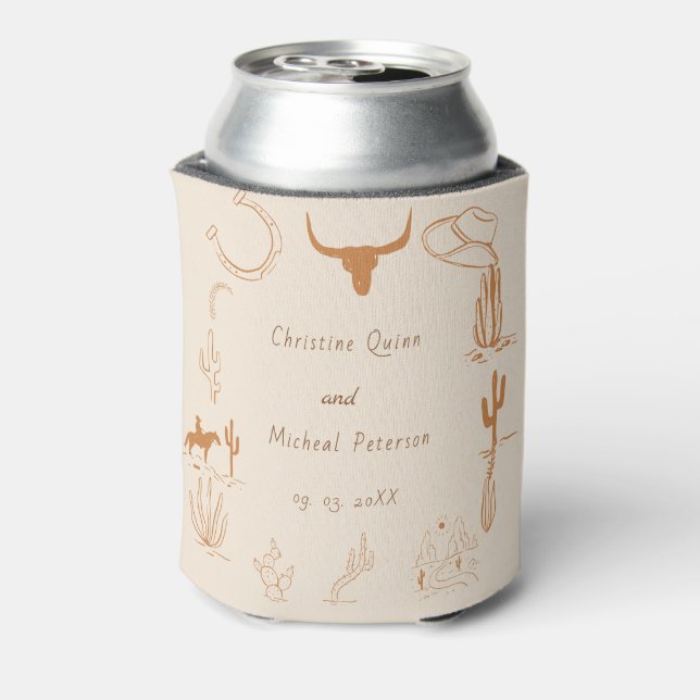 Boho Western Cowboy Illustration Wedding Can Cooler (Can Back)