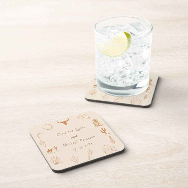 Boho Western Cowboy Illustration Wedding Paper Coaster (Right Side)