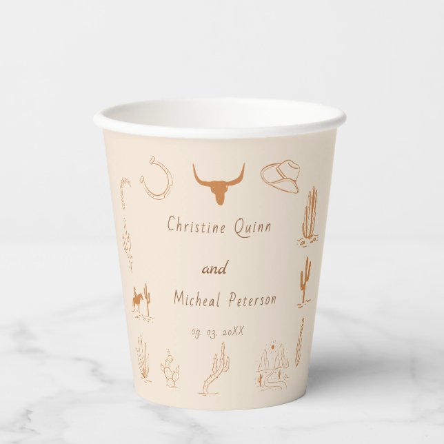 Boho Western Cowboy Illustration Wedding Paper Cups (Front)