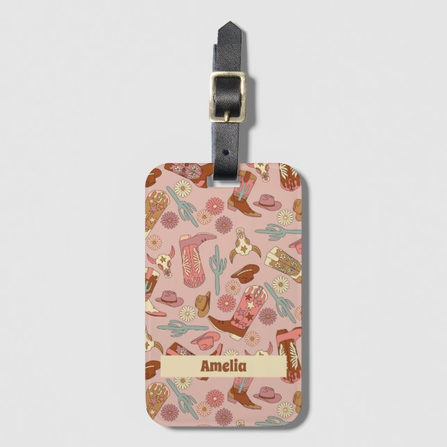 Boho Western Cowgirl Boots Luggage Tag (Front Vertical)