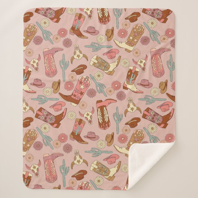 Boho Western Cowgirl Boots Sherpa Blanket (Front)