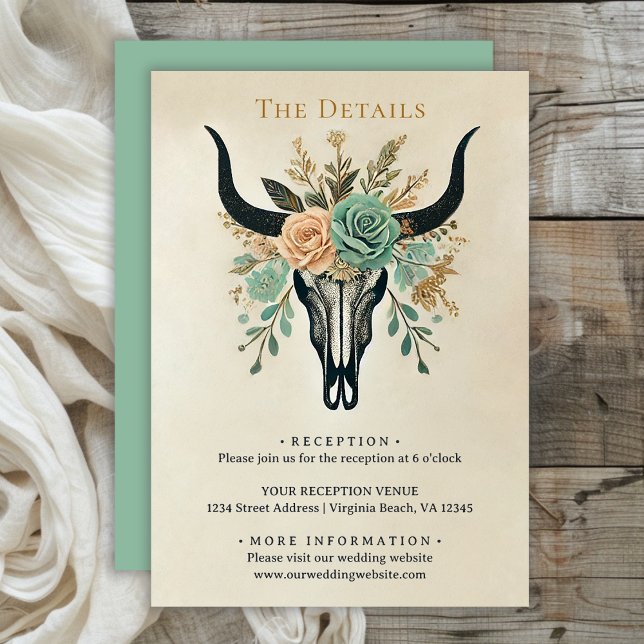 Boho Western Floral Bull Cow Skull Wedding Details Enclosure Card (Boho Floral Bull Skull Wedding Details Enclosure Card)