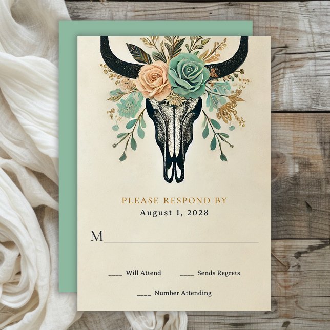 Boho Western Floral Bull Cow Skull Wedding RSVP Card (Boho Floral Bull Skull Wedding RSVP Card)