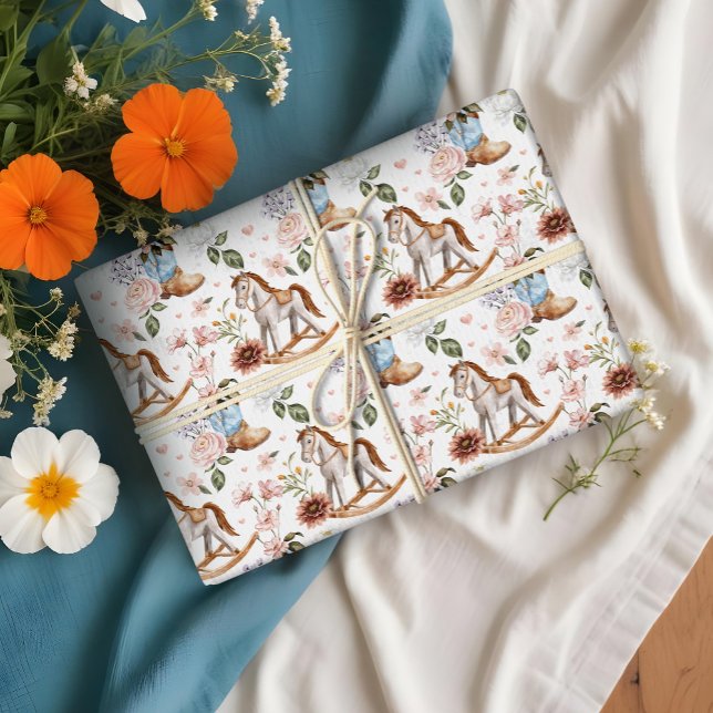 Boho Western Floral Rocking Horse Boy Baby Shower Wrapping Paper (Boho Western Floral Rocking Horse Boy Baby Shower Wrapping Paper)