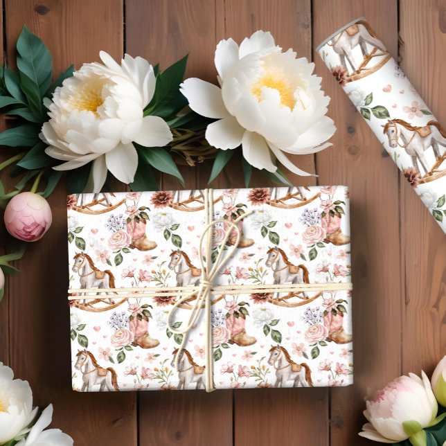 Boho Western Floral Rocking Horse Girl Baby Shower Wrapping Paper (Boho Western Floral Rocking Horse Girl Baby Shower Wrapping Paper)