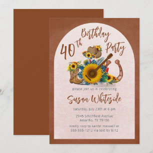 Boho Western Guitar Sunflowers 40th Birthday Party Invitation