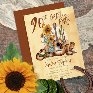 Boho Western Guitar Sunflowers 90th Birthday Party Invitation