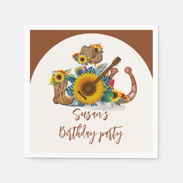 Boho Western Guitar Sunflowers Birthday Party Napkin (Front)
