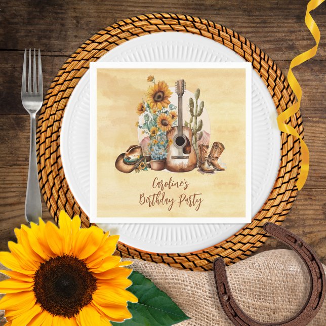 Boho Western Guitar Sunflowers Birthday Party Napkin (Creator Uploaded)