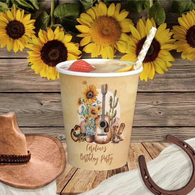 Boho Western Guitar Sunflowers Birthday Party Paper Cups (Planning a western music-themed birthday party -- don't forget to include the party accessories!)