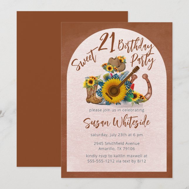 Boho Western Guitar Sunflowers Sweet 21 Party Invitation (Front/Back)