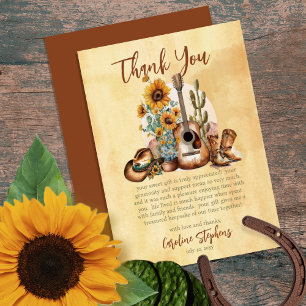 Boho Western Guitar Sunflowers Thank You Card