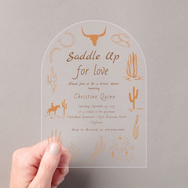 Boho Western Saddle up Cowboy Bridal shower Acrylic Invitations (Insitu (Handheld))