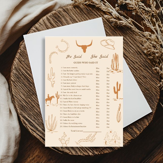 Boho Western Who said it Bridal shower game card (Creator Uploaded)