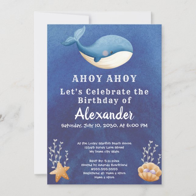 Boho Whale, Under the Sea Boy Birthday Party Invitation (Front)