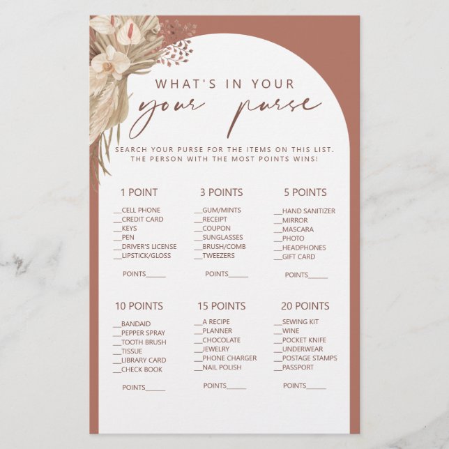 Boho what's in your purse bridal shower game flyer (Front)