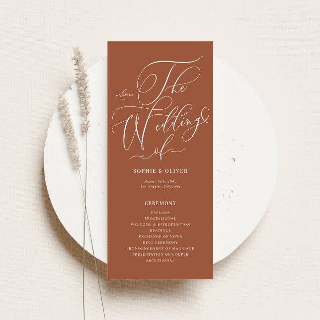 Boho Whimsical Calligraphy Terracotta Wedding Programme (Customizable wedding programs featuring whimsical calligraphy and terracotta background.)