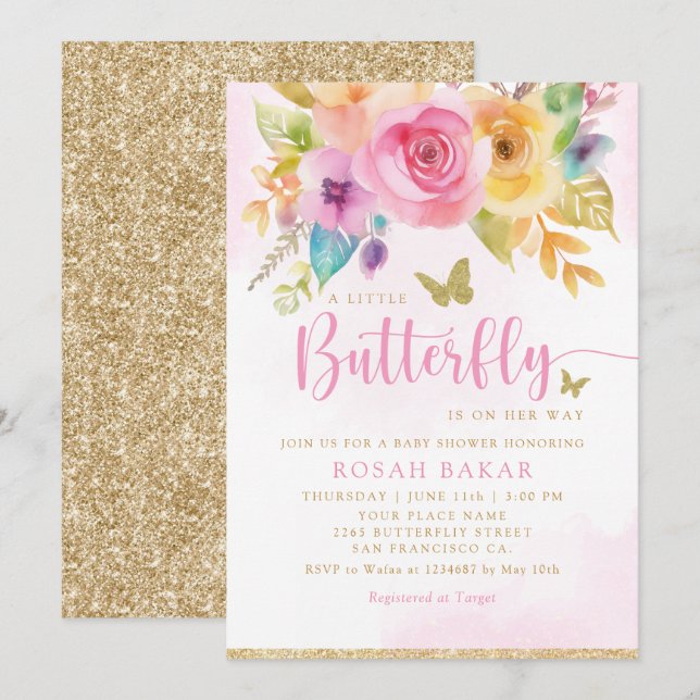 Boho Whimsical Floral Butterfly Girl Baby Shower  Invitation (Front/Back)
