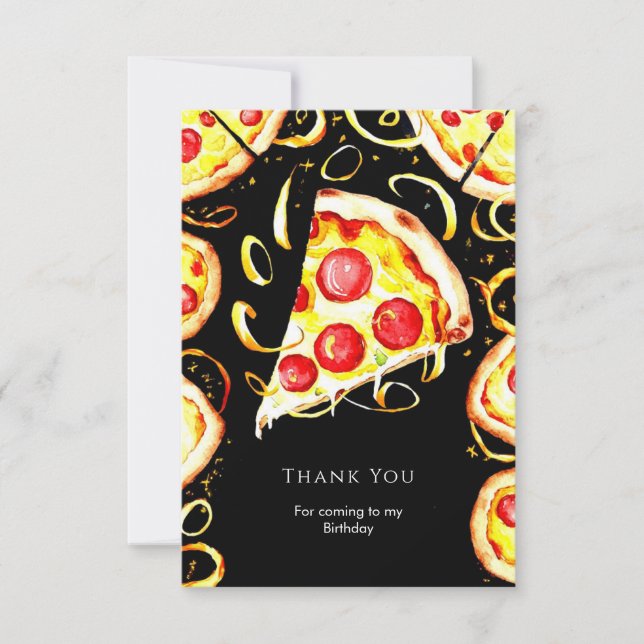 Boho Whimsical Pizza Birthday Thank You Card (Front)