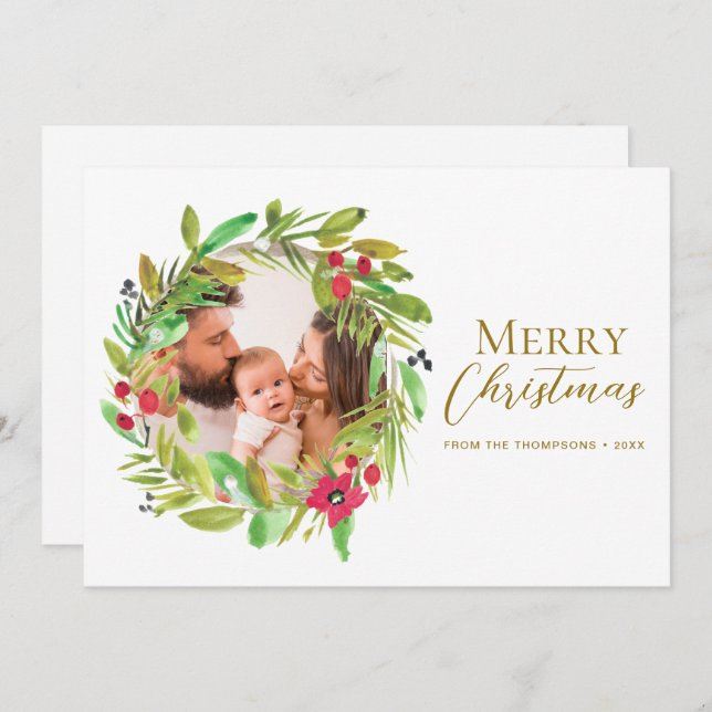 Boho Whimsical Wreath Merry Christmas Family Photo Holiday Card (Front/Back)